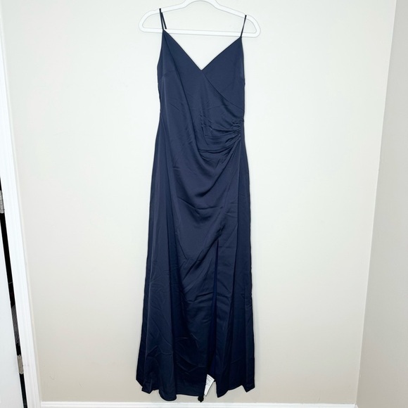 NWT Aqua Bloomingdale's Navy Pleated Vneck Gown Size 12 - Picture 2 of 7